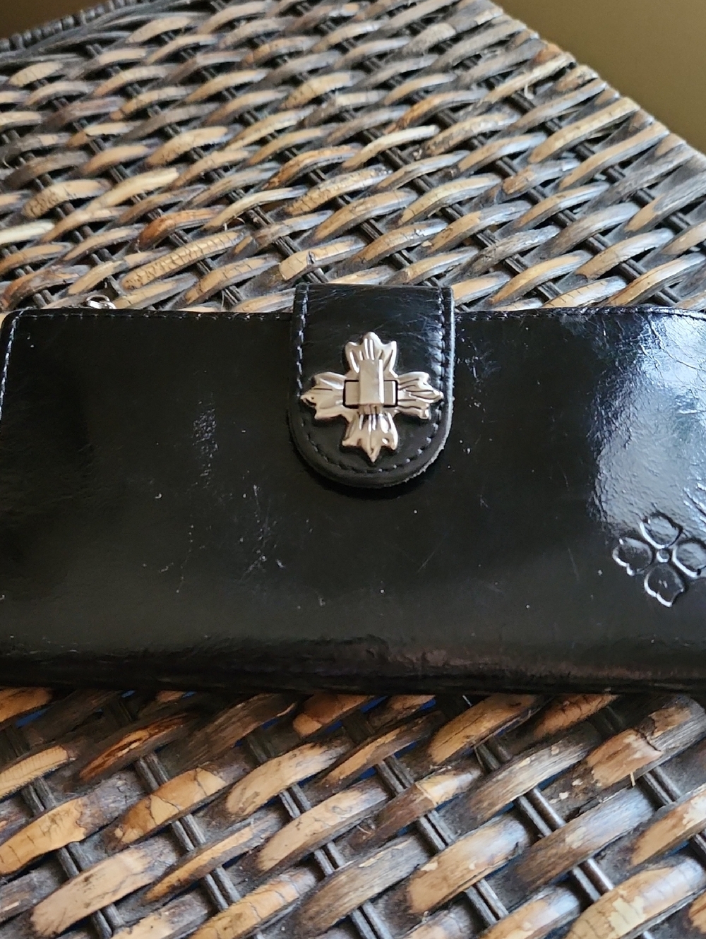 Patricia Nash Black Patent Leather Wallet with Silver Cross Accent Twist Clasp